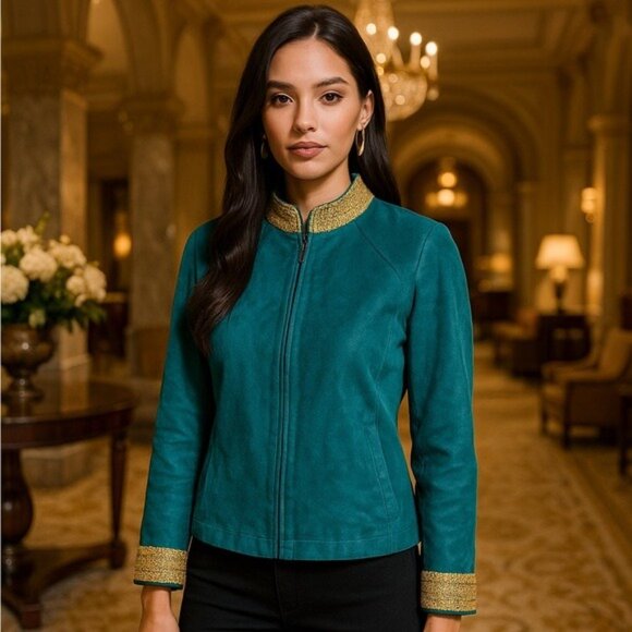 VTG JDS Collection Teal Suede Zip Jacket Gold Trim Women’s Size Small Elegant - Picture 12 of 13